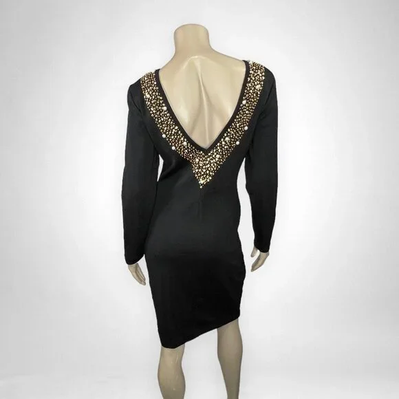 Vintage 80s Medium Long Sleeve Gold‎ Beaded Cocktail Dress